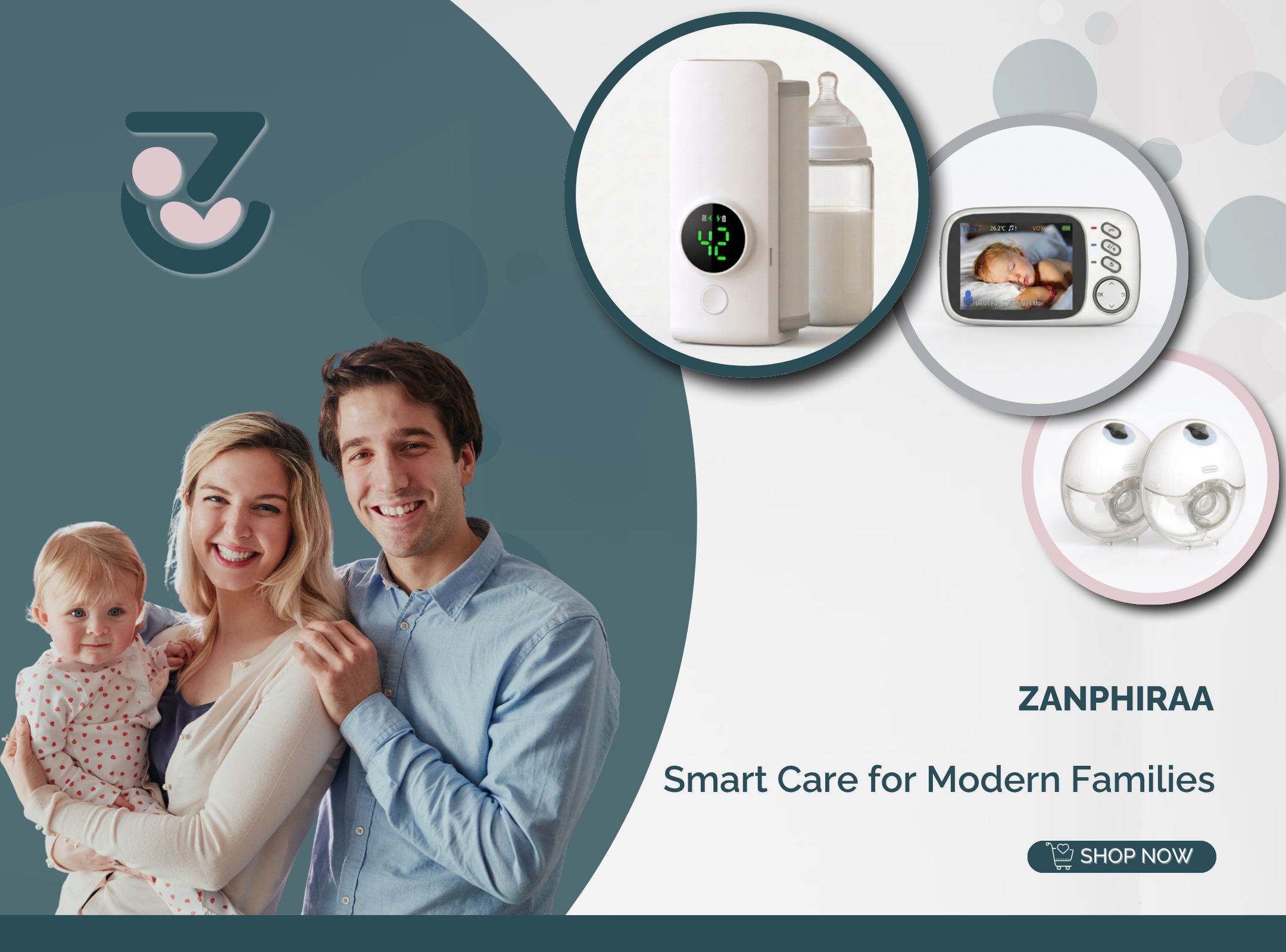 Advertisement for Zanphiraa smart baby care and maternity products featuring a family and their products.